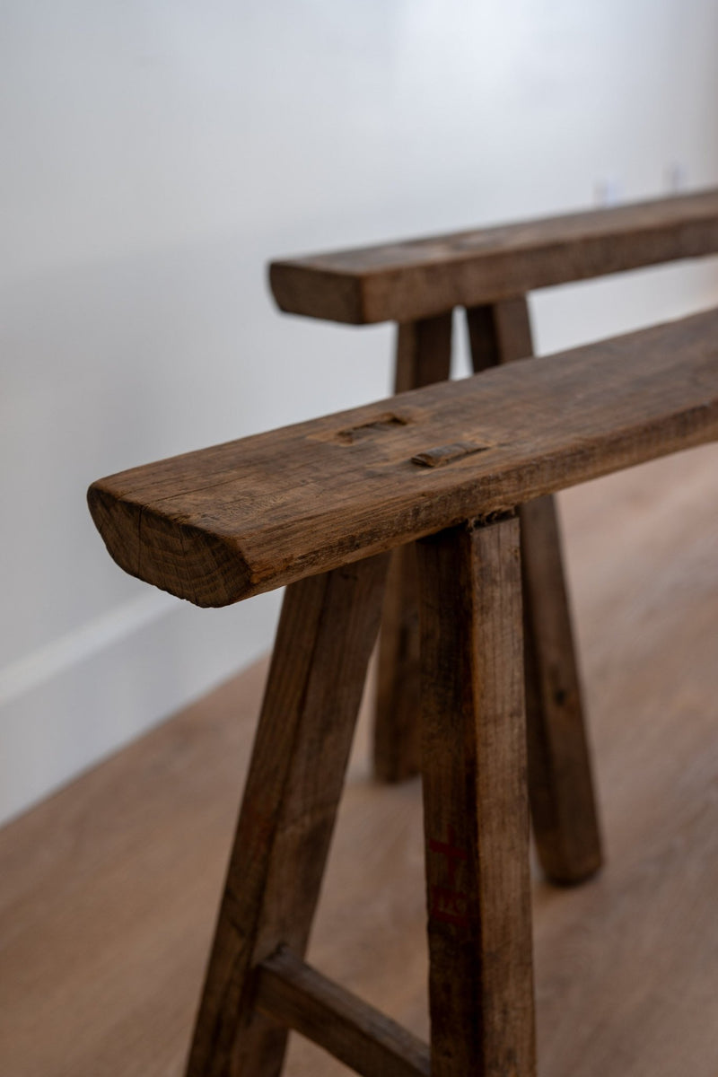 Long Primitive Elm Wood Stools - IDYLL MANOR