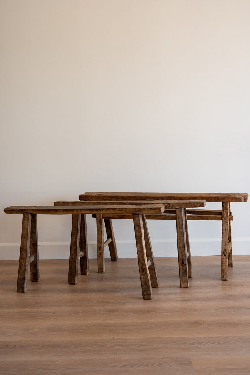 Long Primitive Elm Wood Stools - IDYLL MANOR
