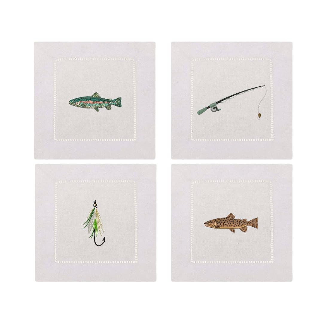 Fishing Embroidered Cocktail Napkins | Set of 4 - IDYLL MANOR