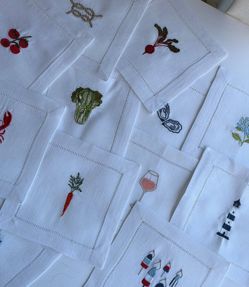 Garden Veg Embroidered Cocktail Napkins | Set of 4 - IDYLL MANOR