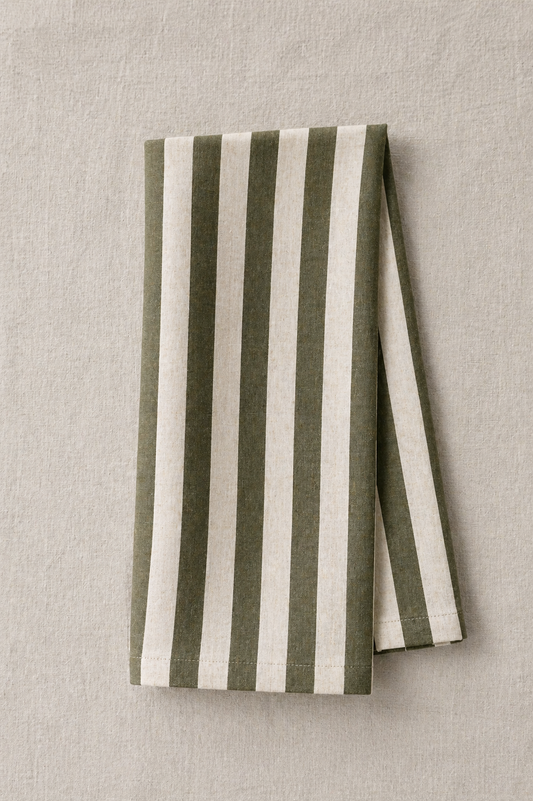 Linen Tea Towel - Oatmeal Linen & Olive Stripe