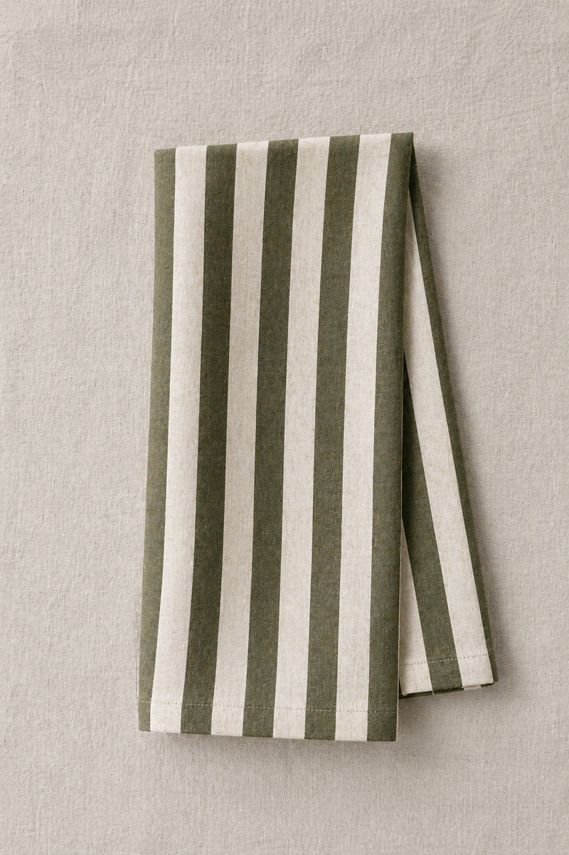 Linen Tea Towel - Oatmeal Linen & Olive Stripe
