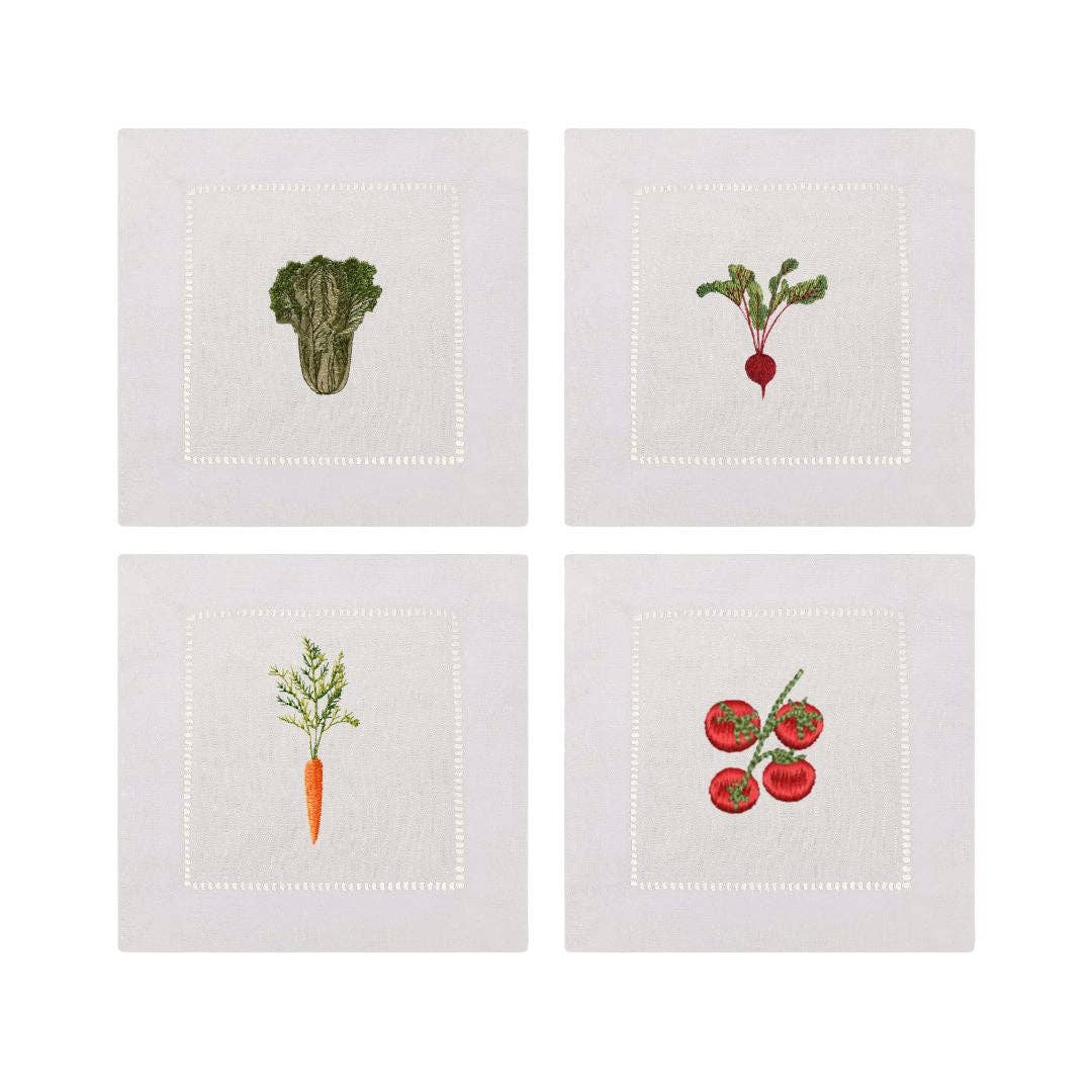 Garden Veg Embroidered Cocktail Napkins | Set of 4 - IDYLL MANOR