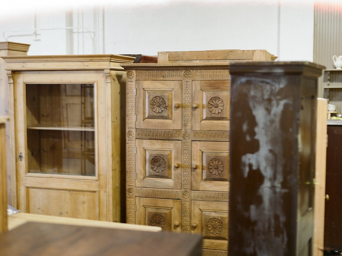 Large Antique Pine Glazed Armoire | Glass Front Cabinet - IDYLL MANOR