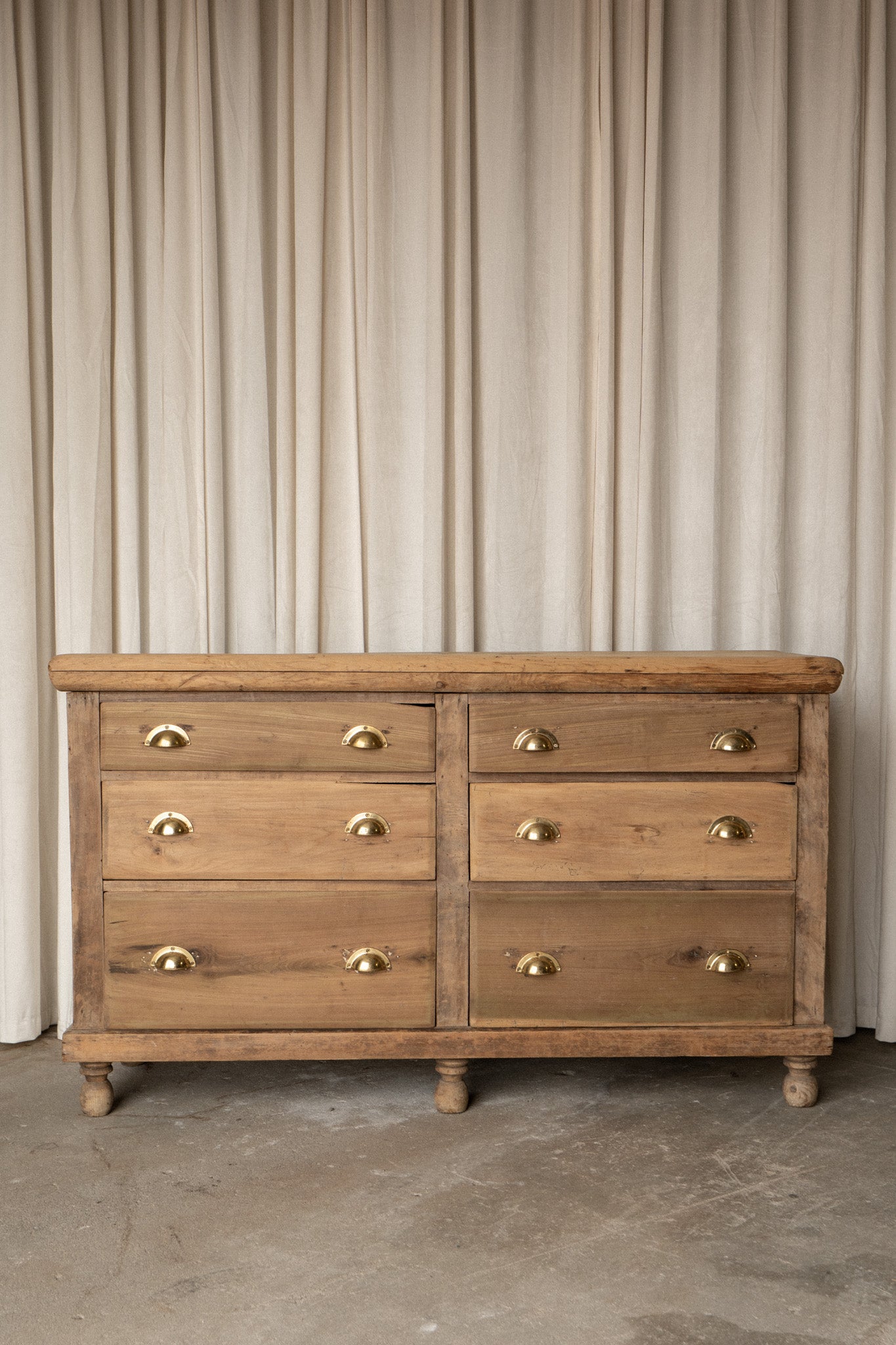 Antique Pine Sideboard | 6 Drawer Dresser with Brass Pulls - IDYLL MANOR