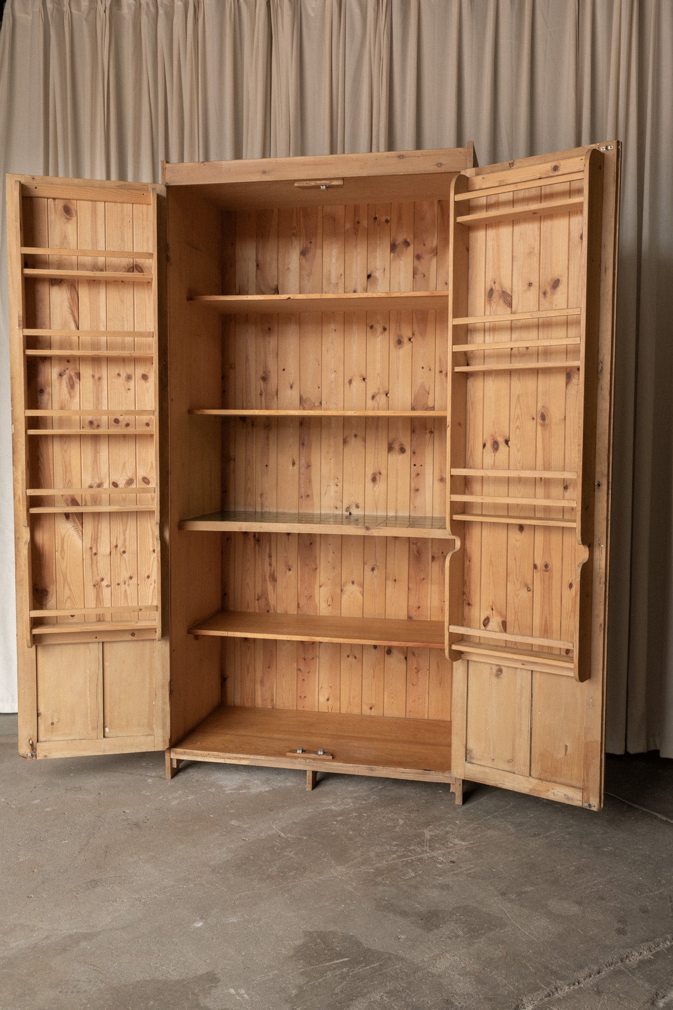 Tall Antique Pine Kitchen Pantry Larder Cabinet | English Spice Cupboard with Tile Shelf - IDYLL MANOR
