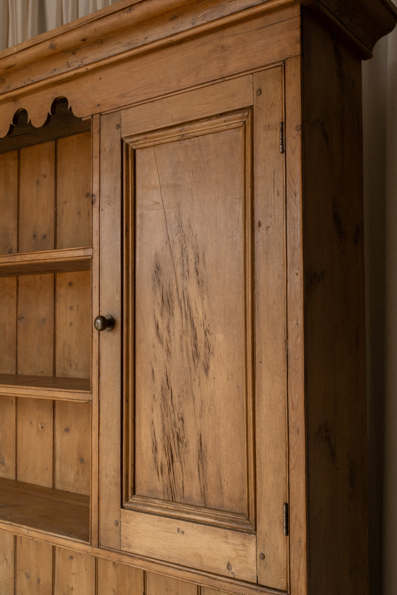 XL Antique Pine Kitchen Hutch | English Dresser Cabinet with Scalloped Shelving - IDYLL MANOR