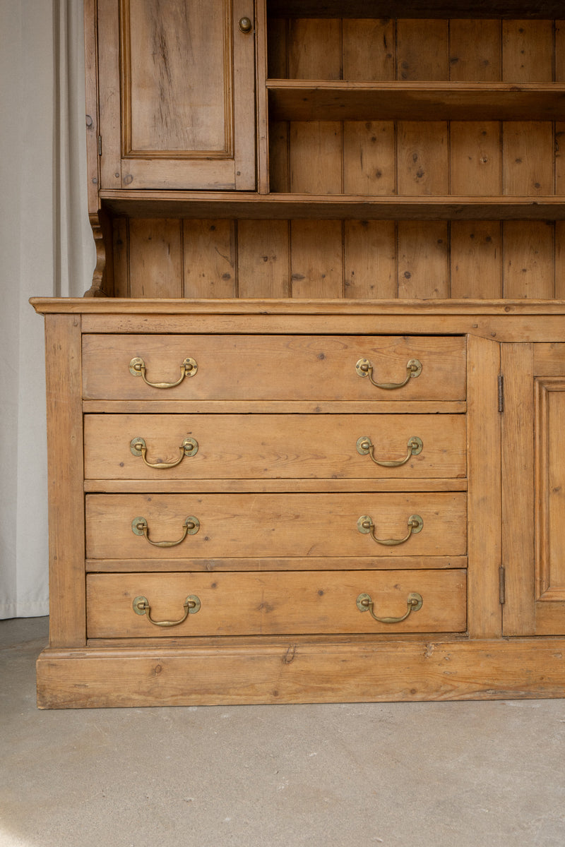 XL Antique Pine Kitchen Hutch | English Dresser Cabinet with Scalloped Shelving - IDYLL MANOR