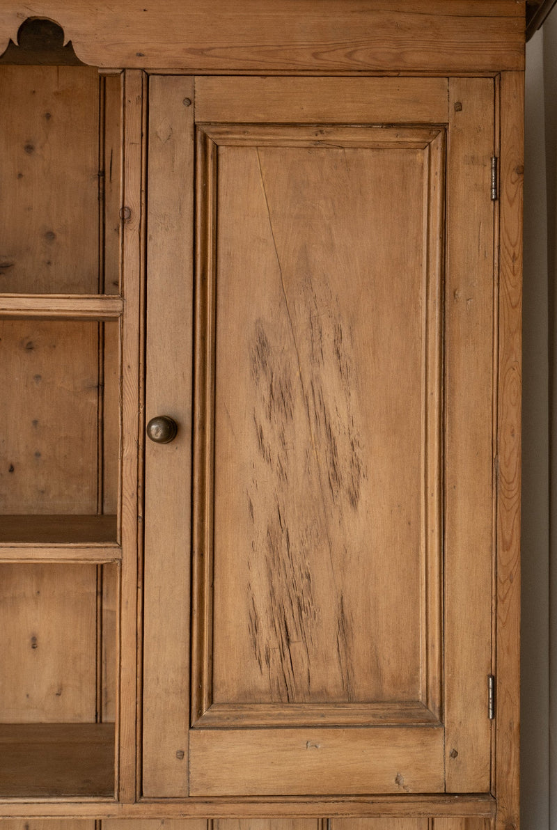 XL Antique Pine Kitchen Hutch | English Dresser Cabinet with Scalloped Shelving - IDYLL MANOR