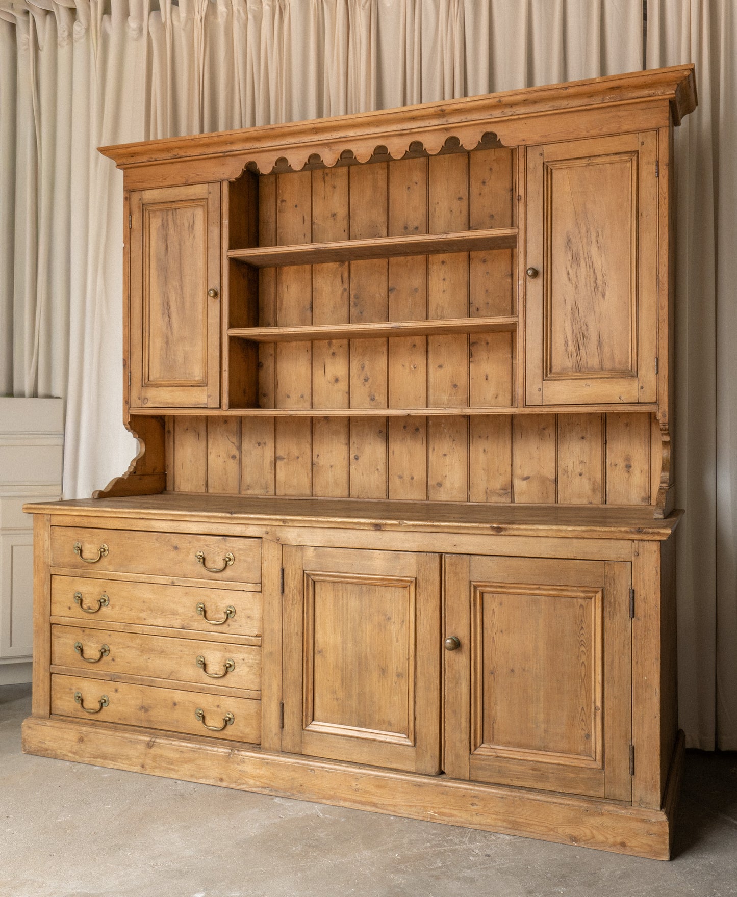 XL Antique Pine Kitchen Hutch | English Dresser Cabinet with Scalloped Shelving - IDYLL MANOR