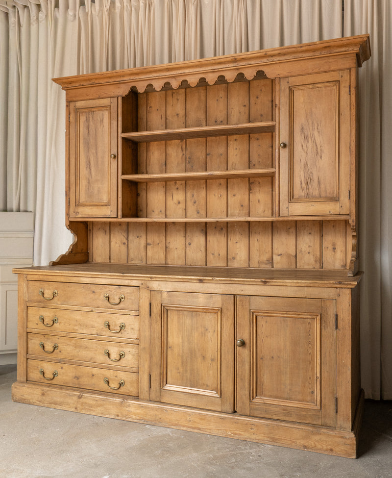 XL Antique Pine Kitchen Hutch | English Dresser Cabinet with Scalloped Shelving - IDYLL MANOR