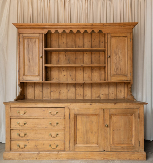 XL Antique Pine Kitchen Hutch | English Dresser Cabinet with Scalloped Shelving - IDYLL MANOR