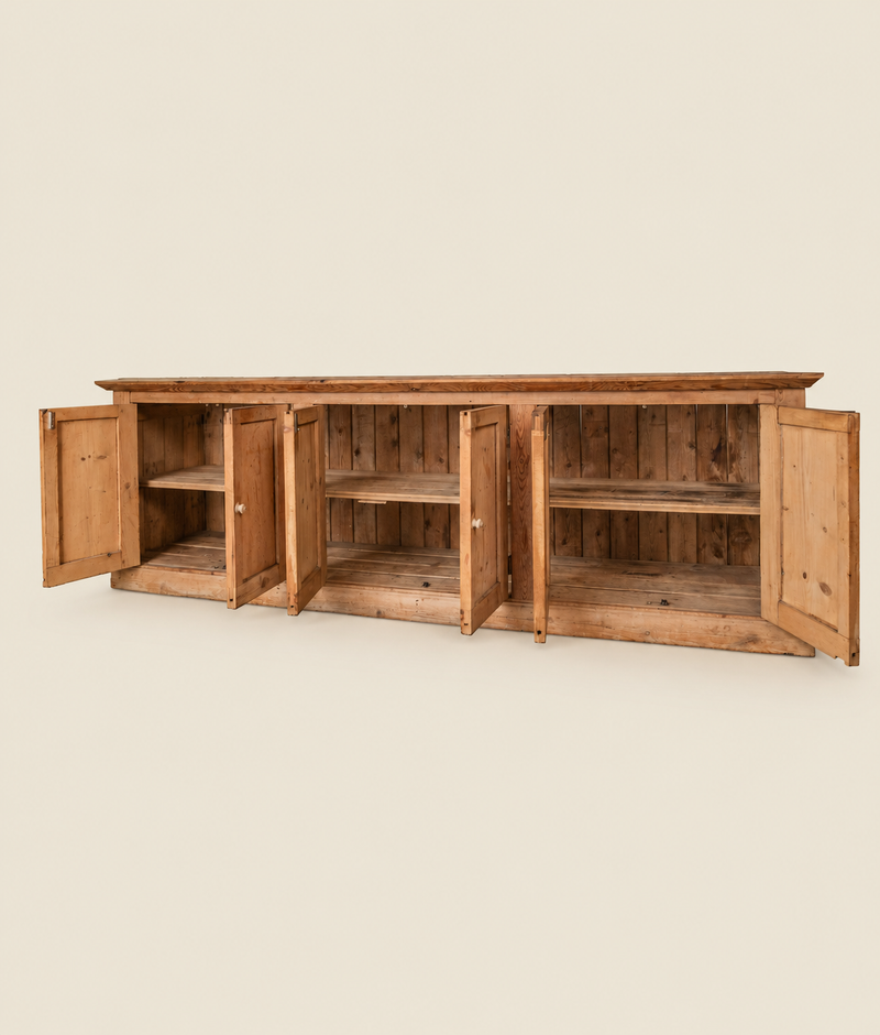Extra-Large 9-Foot Antique Pine Sideboard Cupboard with Shelves