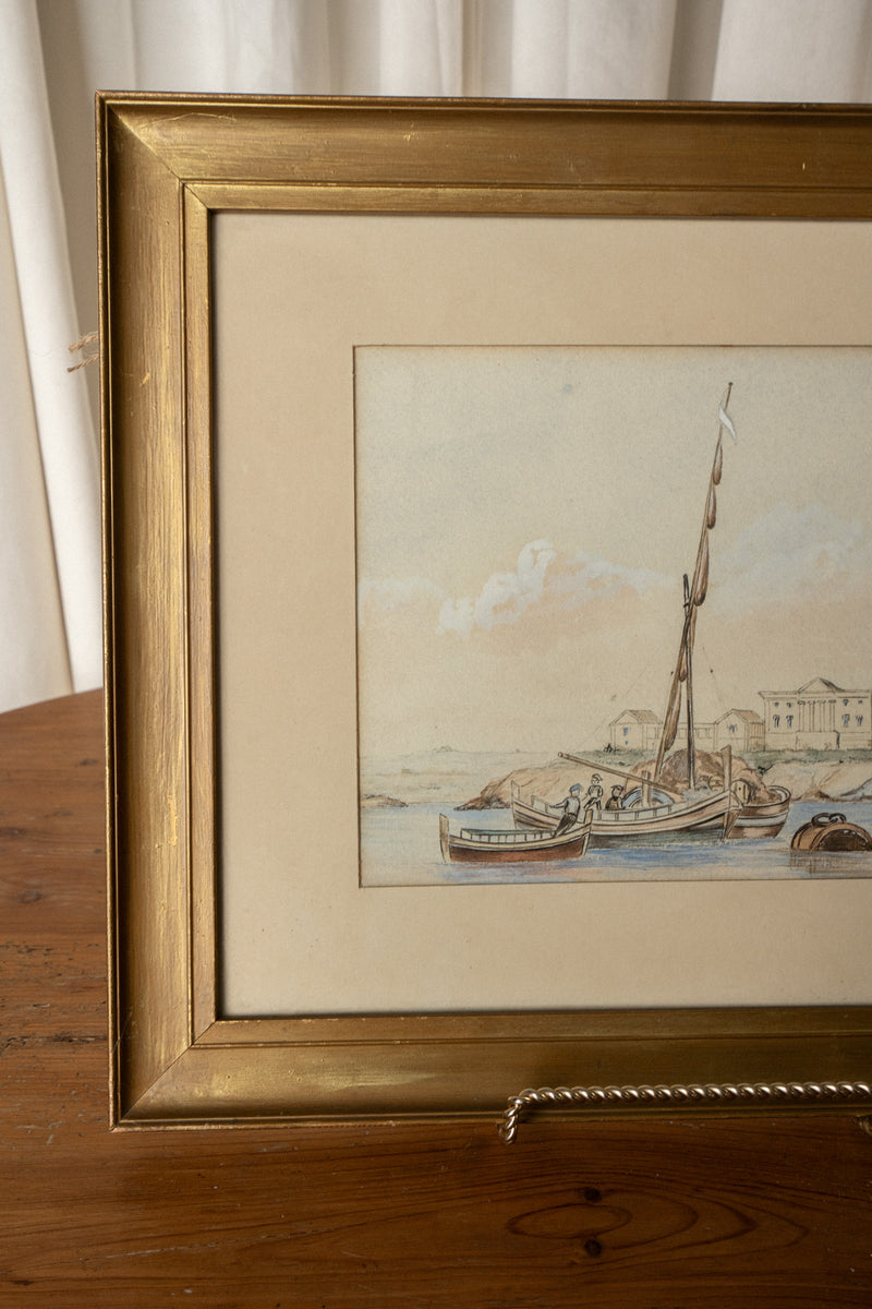 Watercolor Shipyard Painting | Coastal Harbor Scene in Gilt Wood Frame - IDYLL MANOR