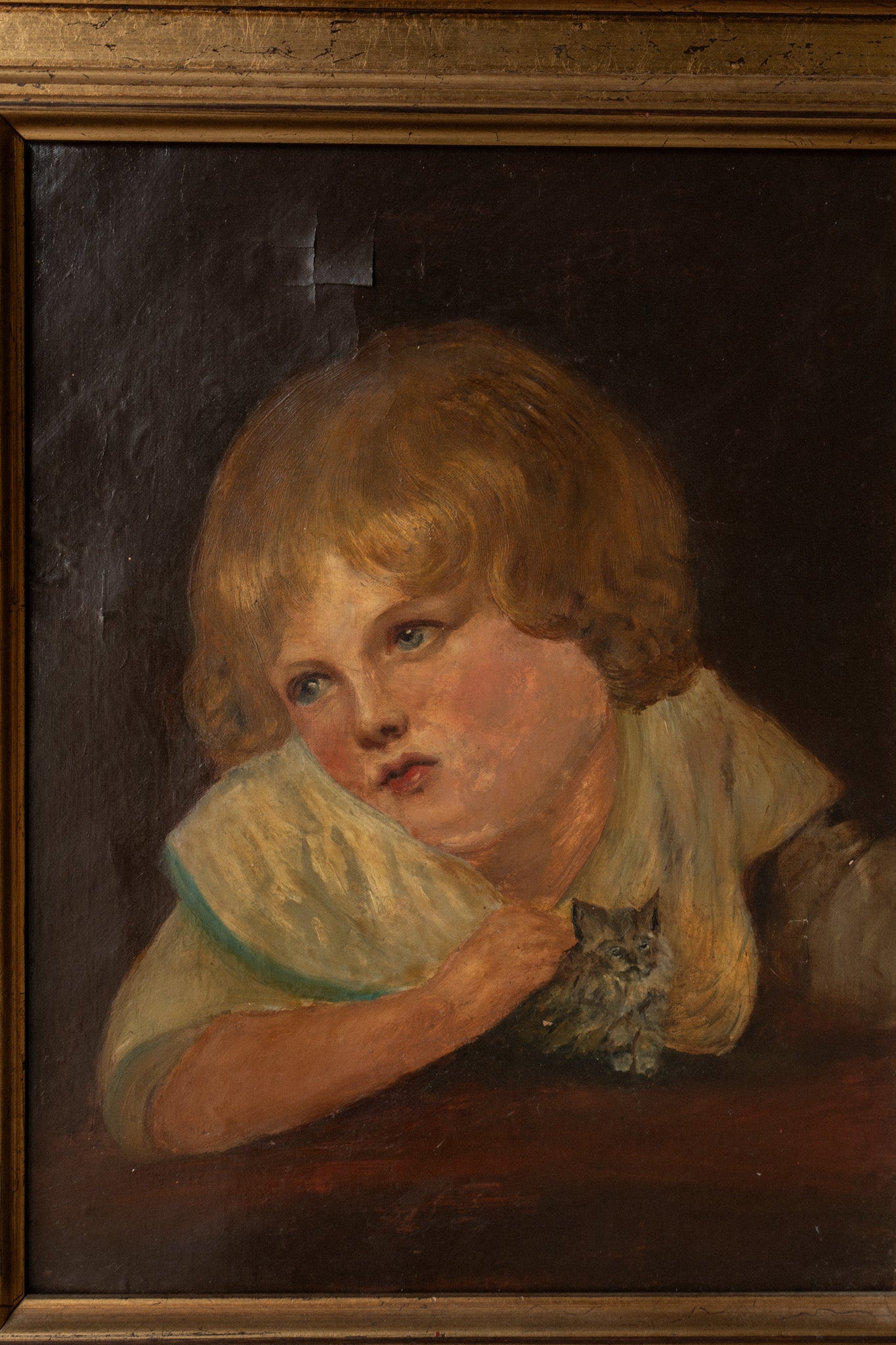 Victorian Oil Painting | Girl with Kitten in Gilt Frame - IDYLL MANOR