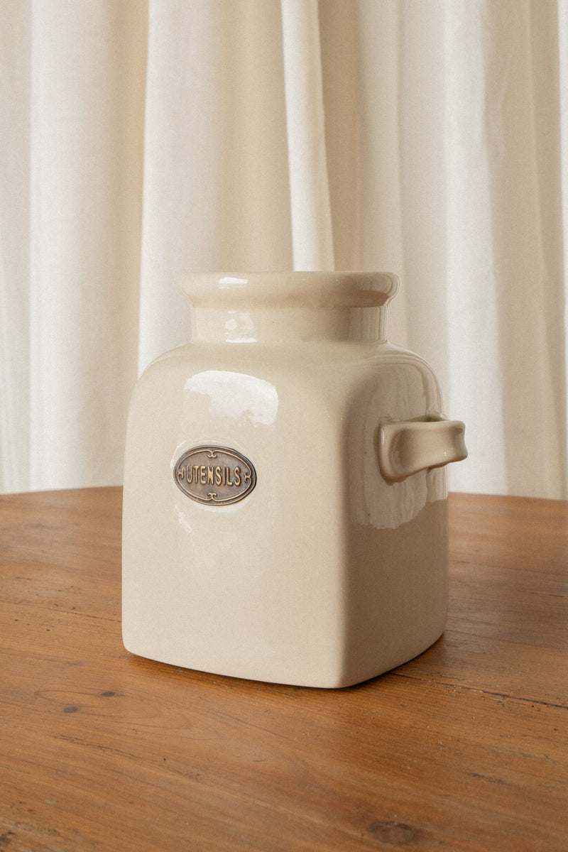 Cream Utensil Holder | Ceramic Crock with Brass “Utensils” Plaque - IDYLL MANOR