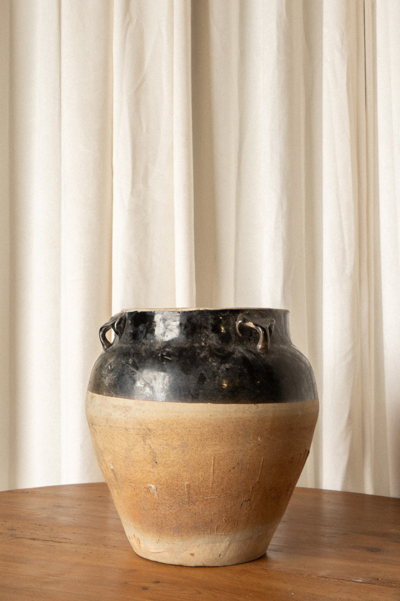 French Pottery Vase | Black & Cream Ceramic Vessel - IDYLL MANOR