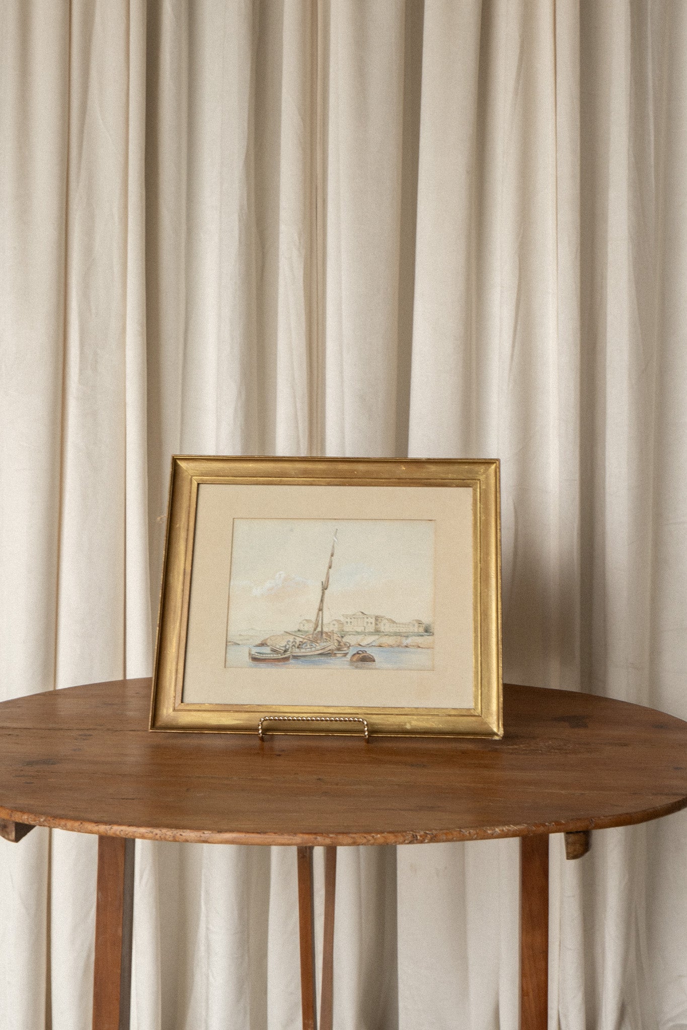 Watercolor Shipyard Painting | Coastal Harbor Scene in Gilt Wood Frame - IDYLL MANOR