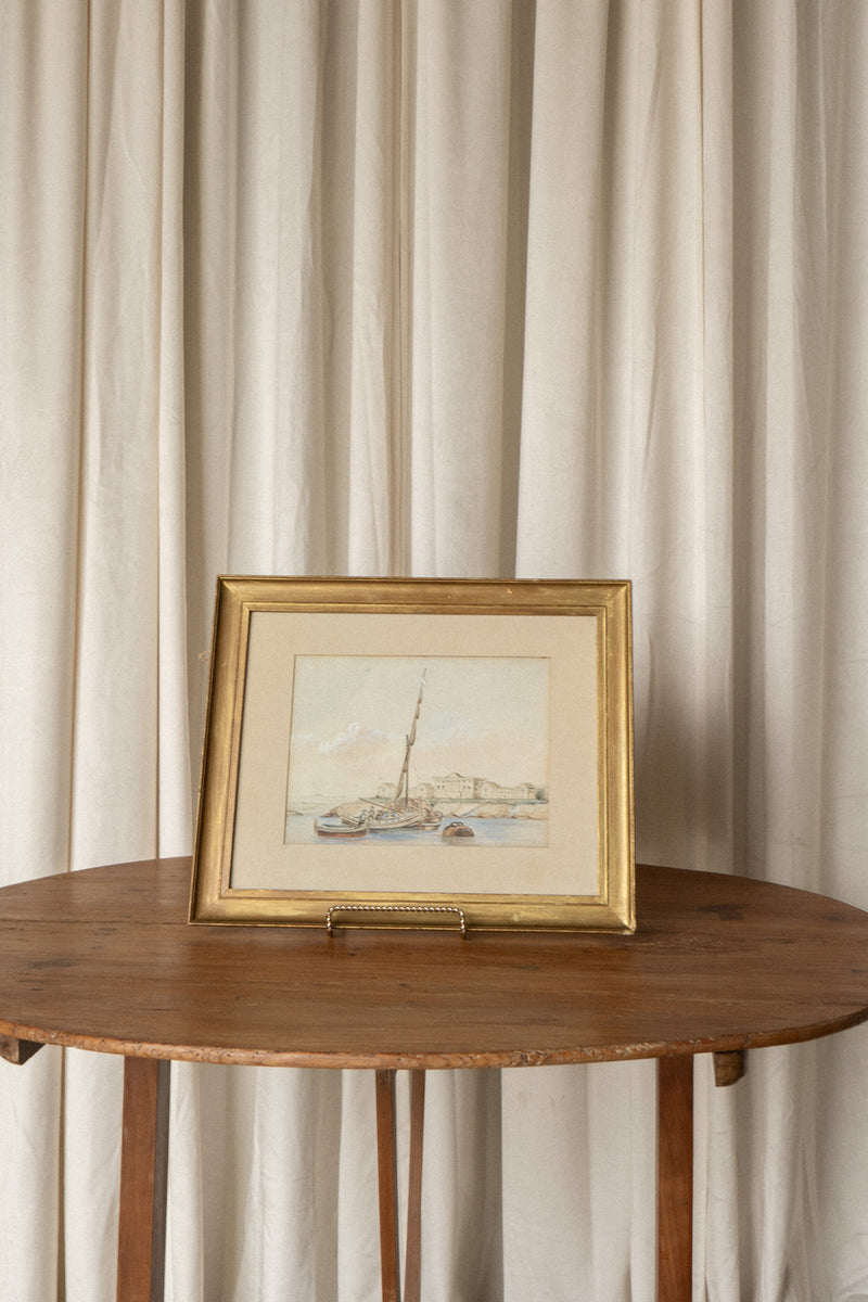 Watercolor Shipyard Painting | Coastal Harbor Scene in Gilt Wood Frame - IDYLL MANOR