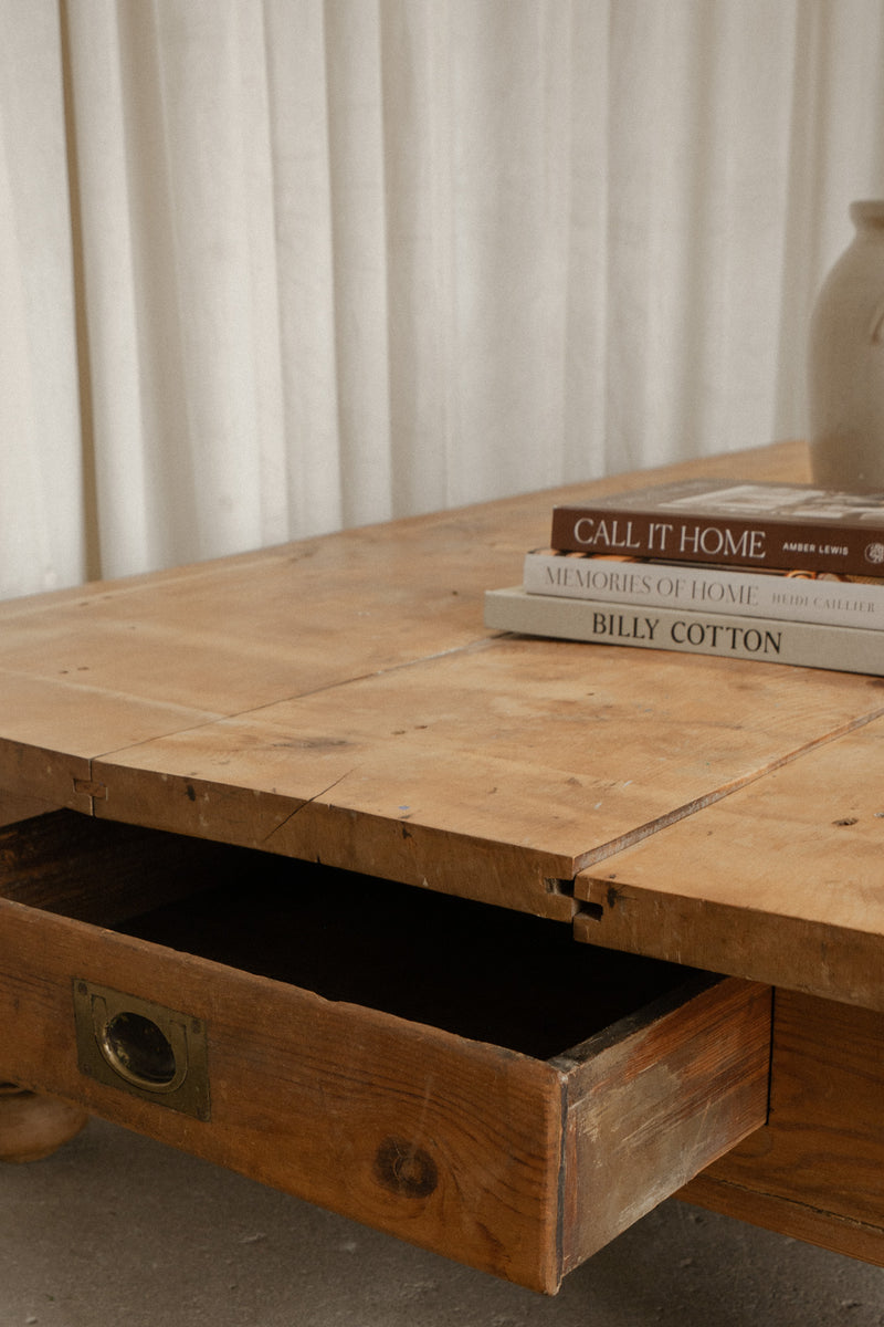 Large Antique Elm Coffee Table | Rustic European Center Table - IDYLL MANOR