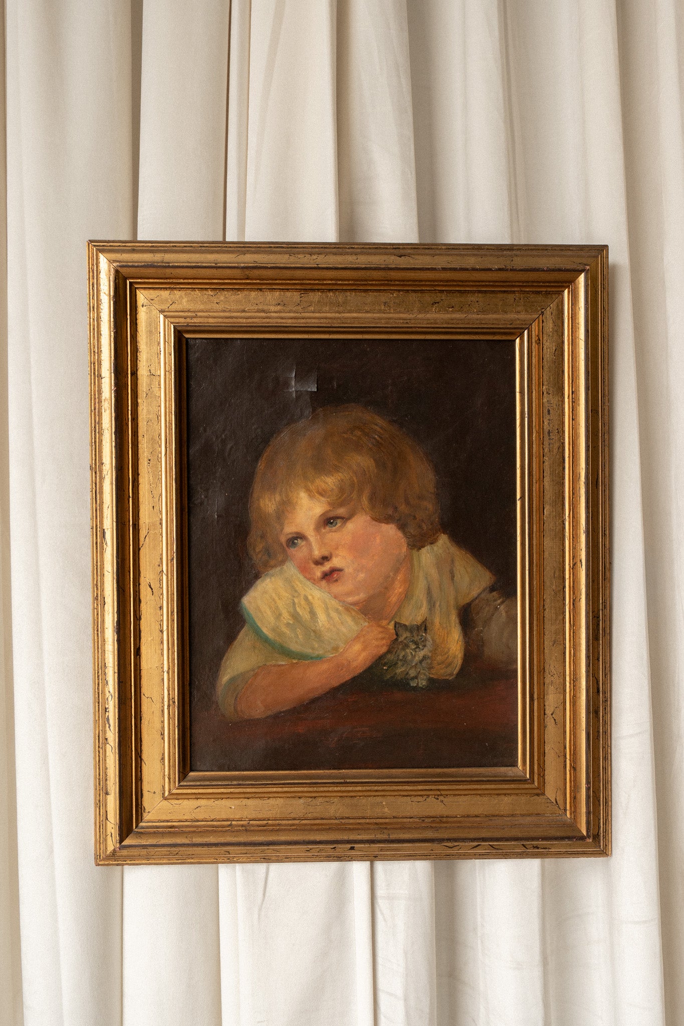 Victorian Oil Painting | Girl with Kitten in Gilt Frame - IDYLL MANOR