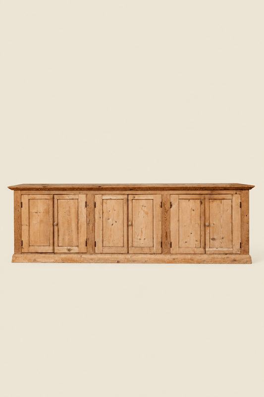 Extra-Large 9-Foot Antique Pine Sideboard Cupboard with Shelves - IDYLL MANOR