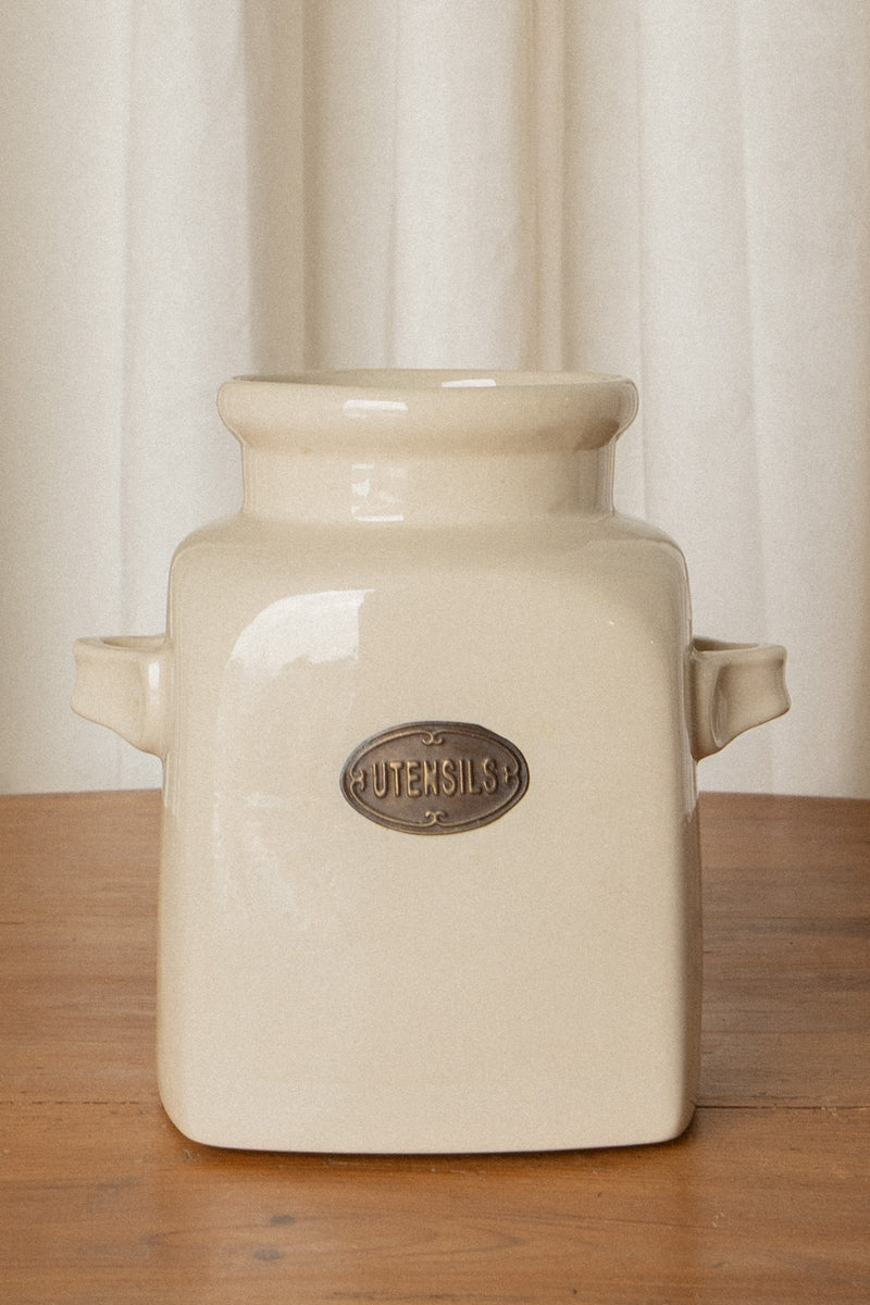 Cream Utensil Holder | Ceramic Crock with Brass “Utensils” Plaque - IDYLL MANOR