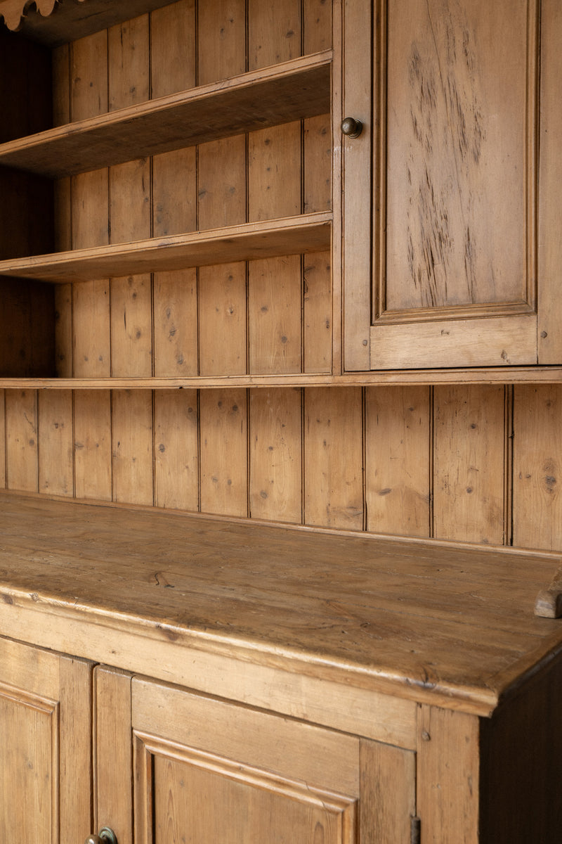 XL Antique Pine Kitchen Hutch | English Dresser Cabinet with Scalloped Shelving - IDYLL MANOR
