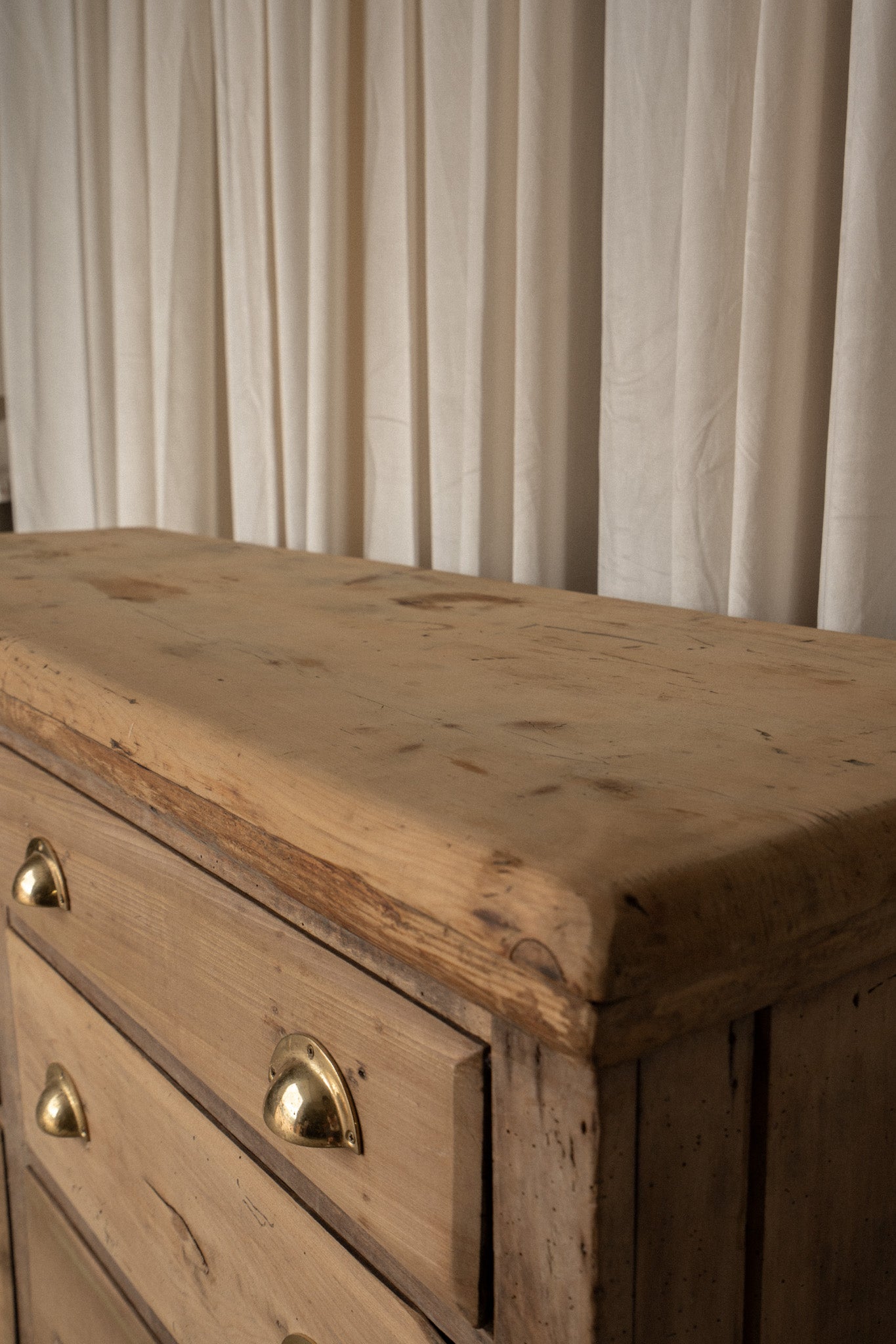 Antique Pine Sideboard | 6 Drawer Dresser with Brass Pulls - IDYLL MANOR