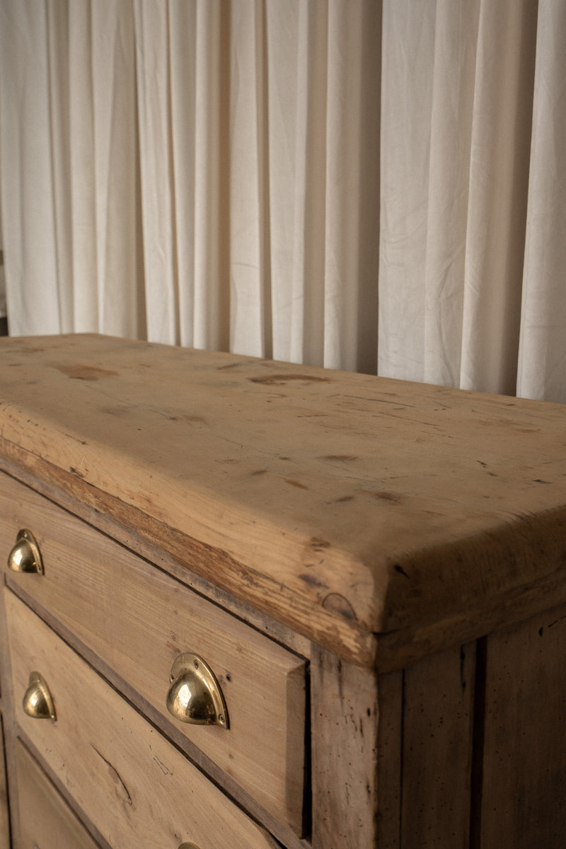 Antique Pine Sideboard | 6 Drawer Dresser with Brass Pulls - IDYLL MANOR