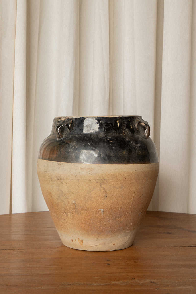 French Pottery Vase | Black & Cream Ceramic Vessel - IDYLL MANOR