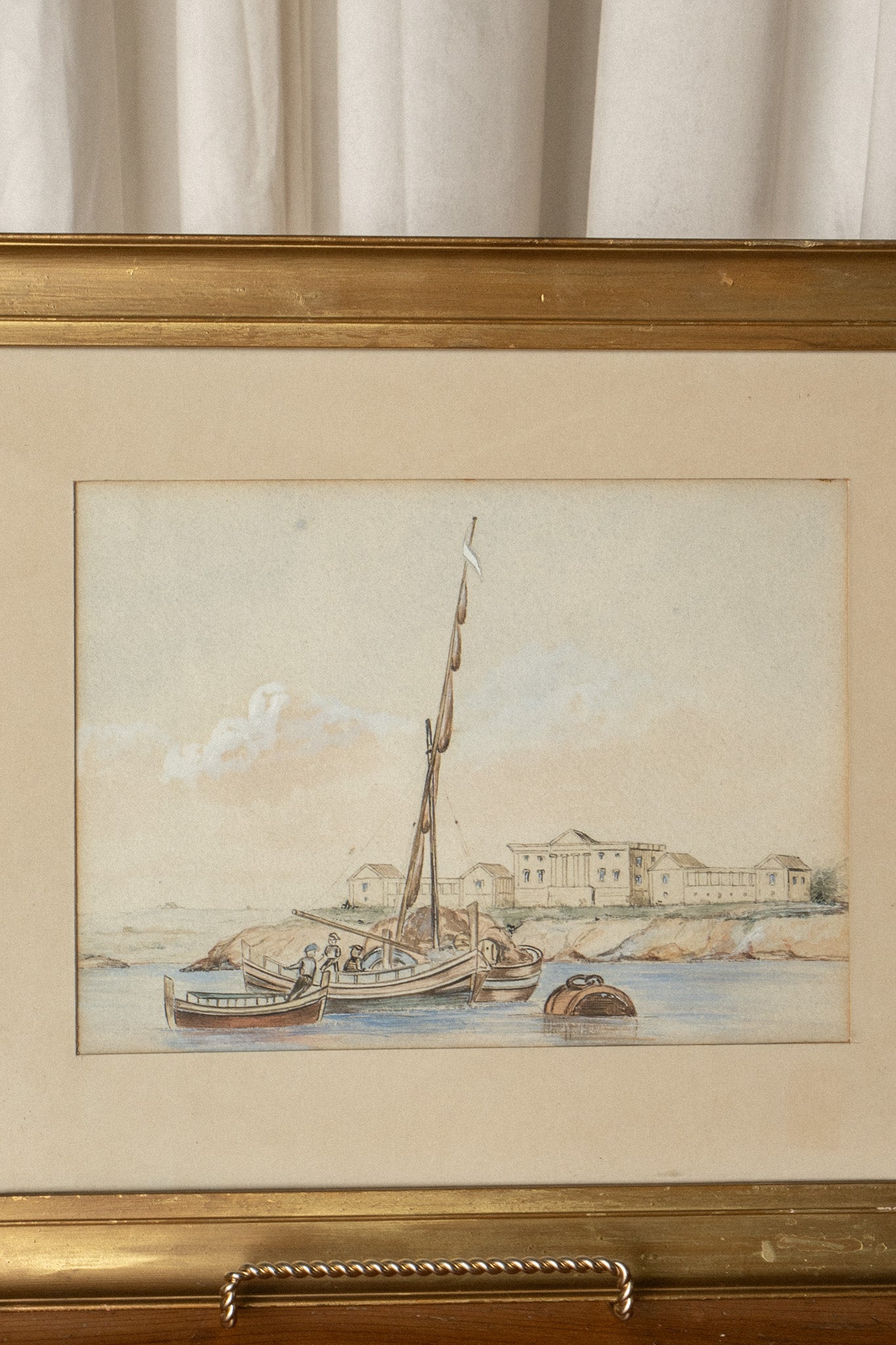 Watercolor Shipyard Painting | Coastal Harbor Scene in Gilt Wood Frame - IDYLL MANOR