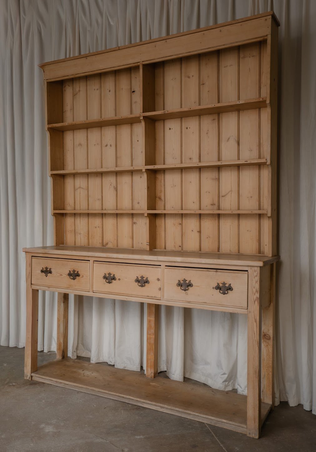 Antique Pine Kitchen Dresser with Brass Handles and Open Shelving - IDYLL MANOR