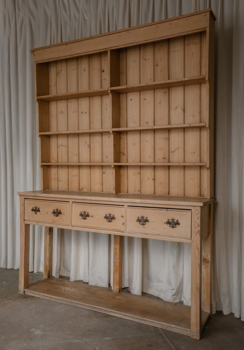 Antique Pine Kitchen Dresser with Brass Handles and Open Shelving - IDYLL MANOR