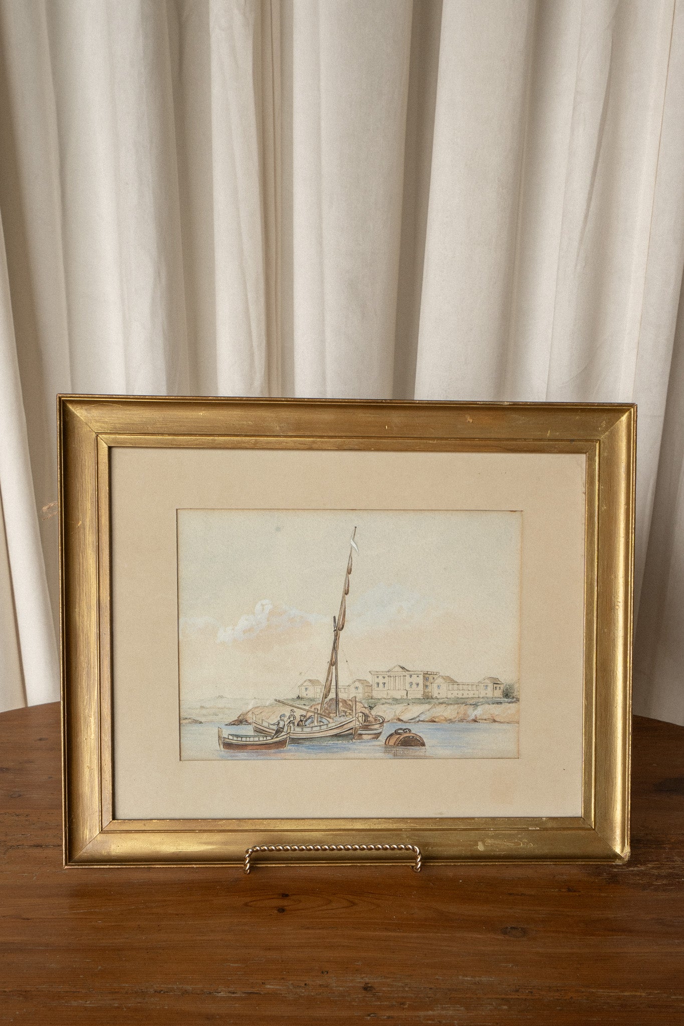 Watercolor Shipyard Painting | Coastal Harbor Scene in Gilt Wood Frame - IDYLL MANOR