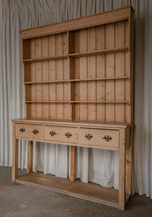 Antique Pine Kitchen Dresser with Brass Handles and Open Shelving - IDYLL MANOR