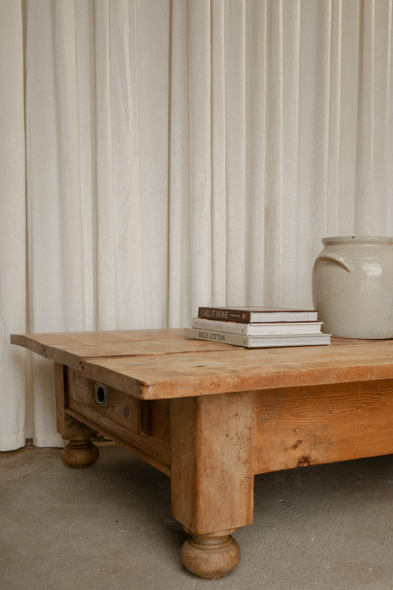 Large Antique Elm Coffee Table | Rustic European Center Table - IDYLL MANOR