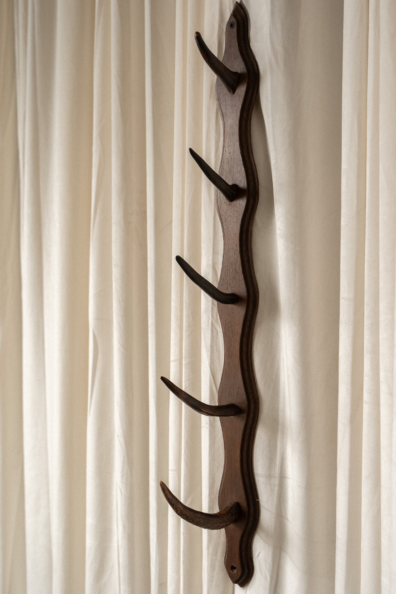French Oak Sporting Rack | Wall - Mounted Rod Rack with Horn Hooks | Set of 2 - IDYLL MANOR