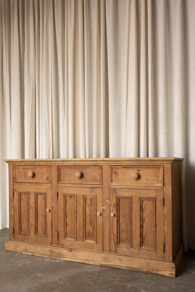 Antique Pine Sideboard | 3 Drawer 3 Door Cabinet with Plinth Base - IDYLL MANOR