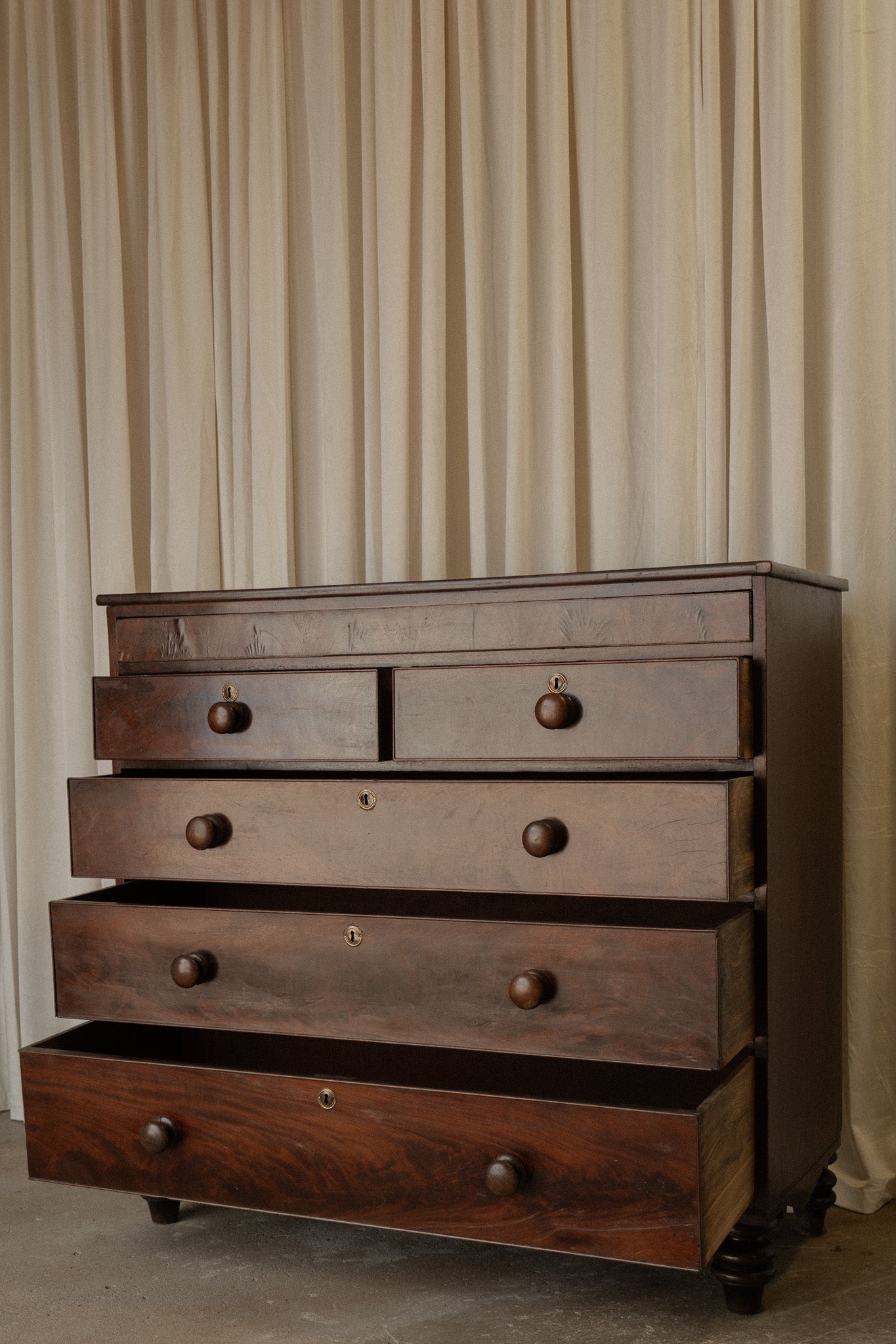 Victorian Mahogany Chest of Drawers | Antique 2 Over 3 Dresser with Carved Detail - IDYLL MANOR