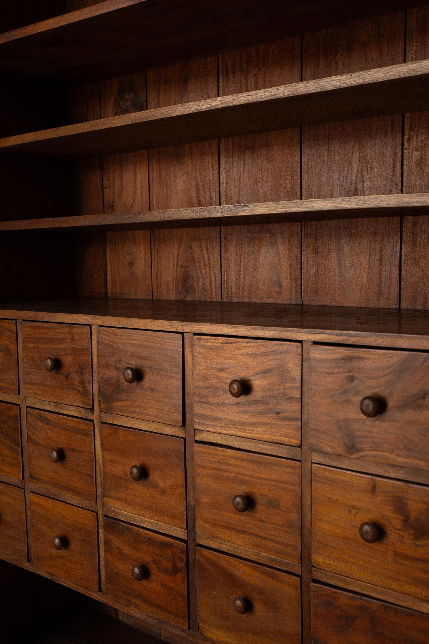 Apothecary Bookcase | Oak 18 Drawer Storage Piece - IDYLL MANOR