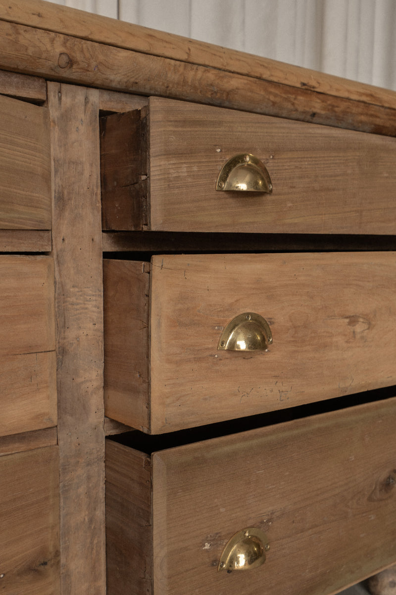 Antique Pine Sideboard | 6 Drawer Dresser with Brass Pulls - IDYLL MANOR