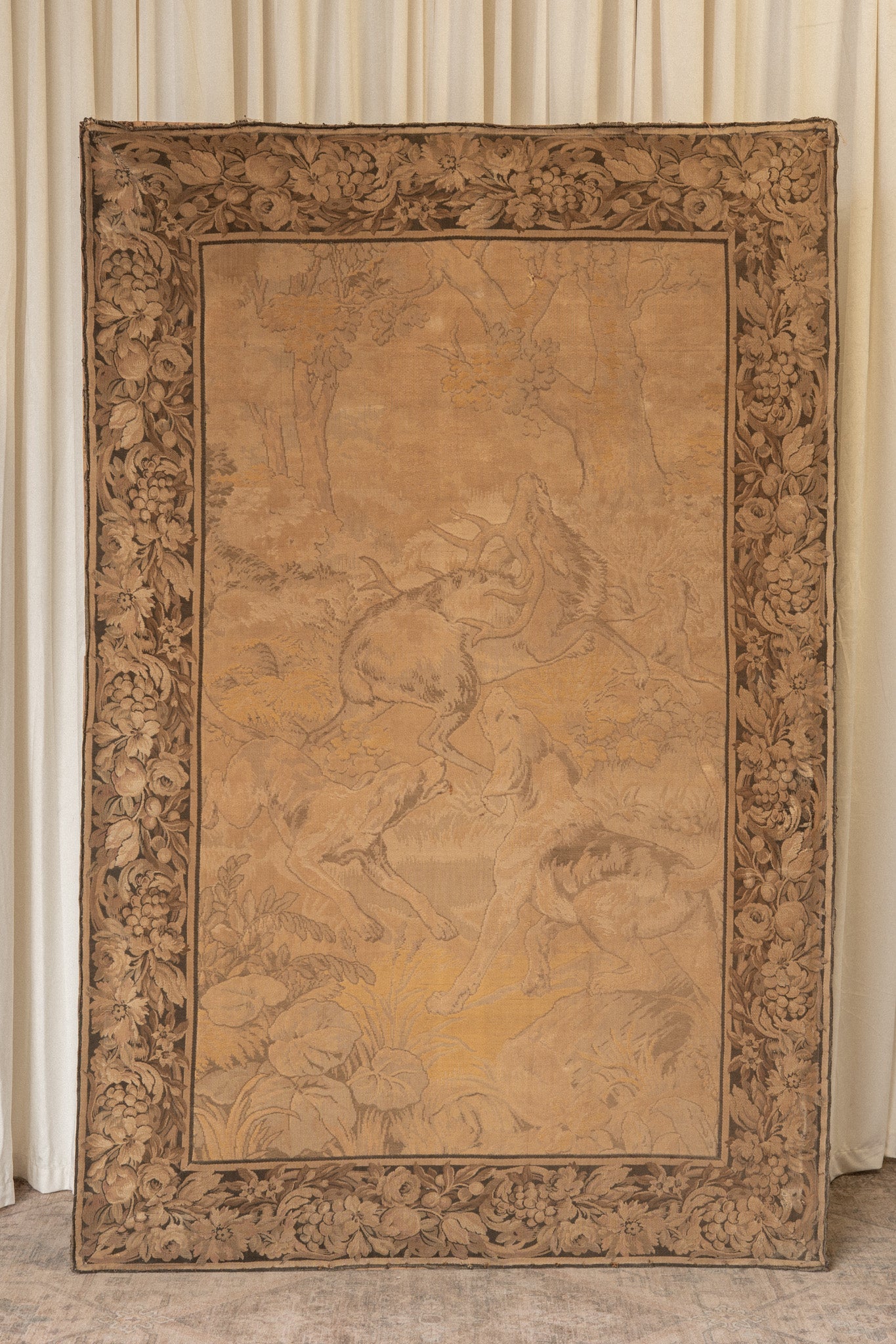 Large Antique French Tapestry on Wooden Frame - IDYLL MANOR