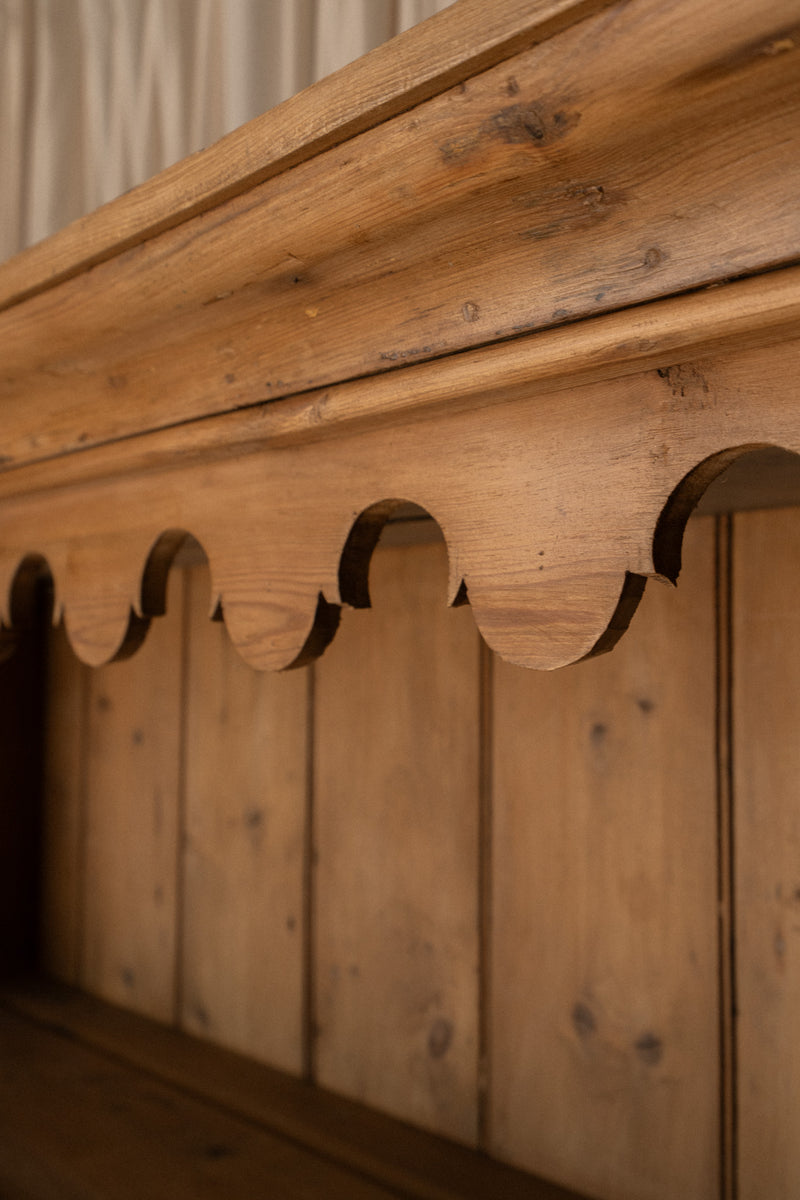 XL Antique Pine Kitchen Hutch | English Dresser Cabinet with Scalloped Shelving - IDYLL MANOR