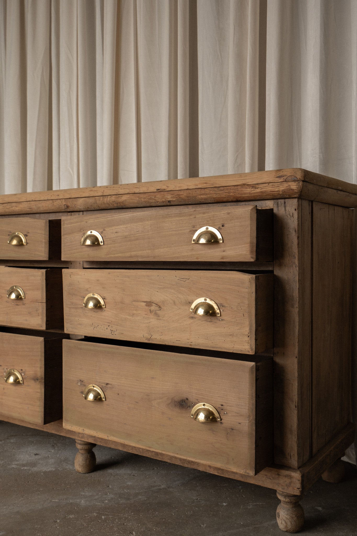 Antique Pine Sideboard | 6 Drawer Dresser with Brass Pulls - IDYLL MANOR