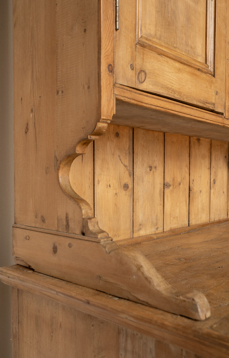 XL Antique Pine Kitchen Hutch | English Dresser Cabinet with Scalloped Shelving - IDYLL MANOR