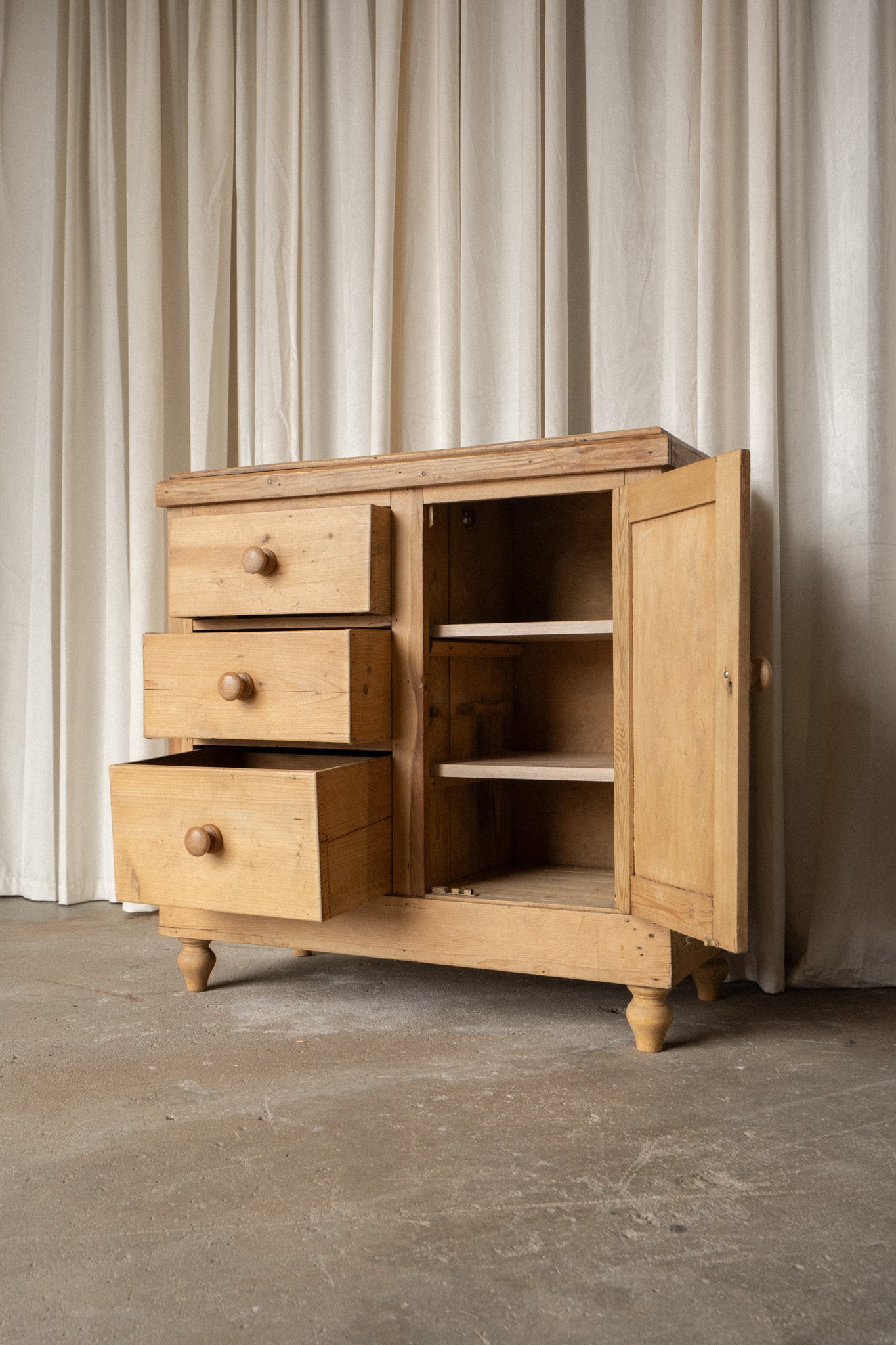 Antique Pine Cabinet | 3 Drawer & Cupboard Sideboard - IDYLL MANOR