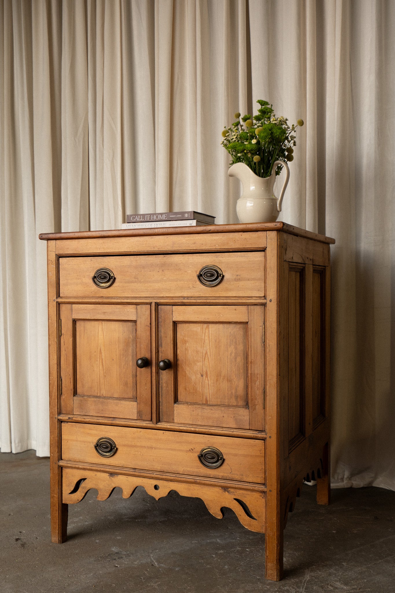 Tall Pine Kitchen Cupboard | Square Cabinet with Carved Detail - IDYLL MANOR