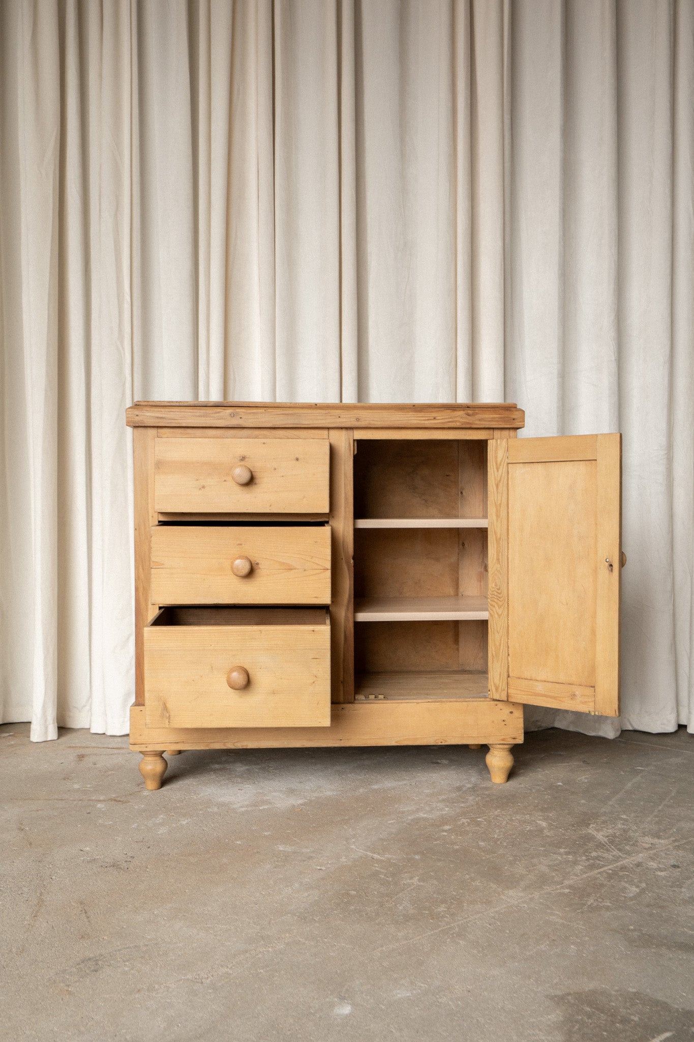 Antique Pine Cabinet | 3 Drawer & Cupboard Sideboard - IDYLL MANOR