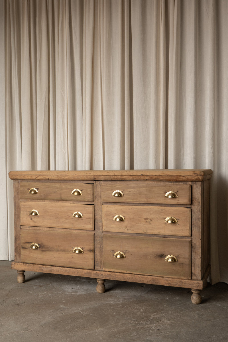 Antique Pine Sideboard | 6 Drawer Dresser with Brass Pulls - IDYLL MANOR